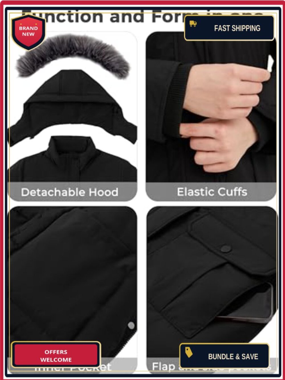 Women's Puffer Parka Jacket Winter Coat Waterproof Hooded Insulated Warm - Picture 5 of 5